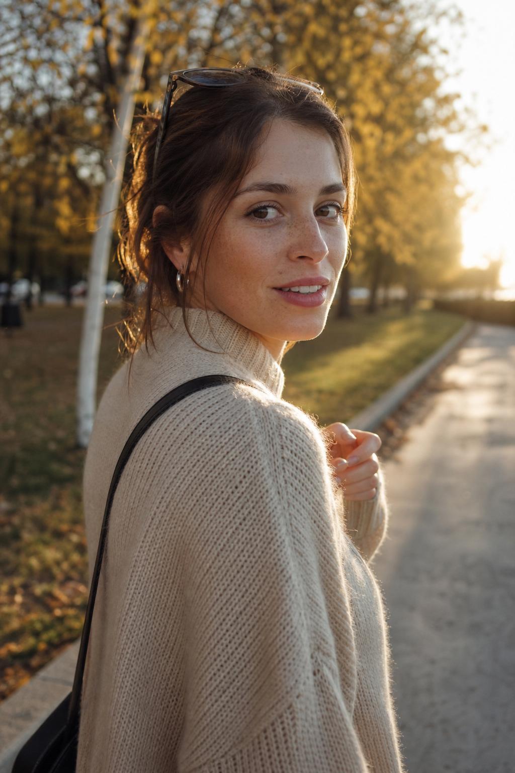 Beige knit sweater — autumn park lifestyle