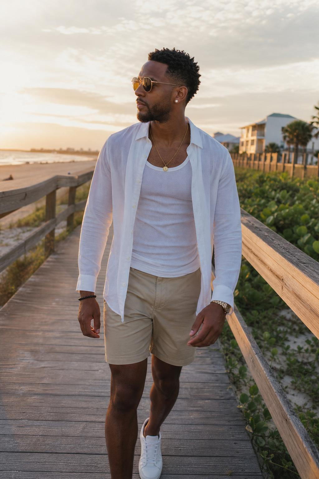 Linen shirt and shorts — beach boardwalk