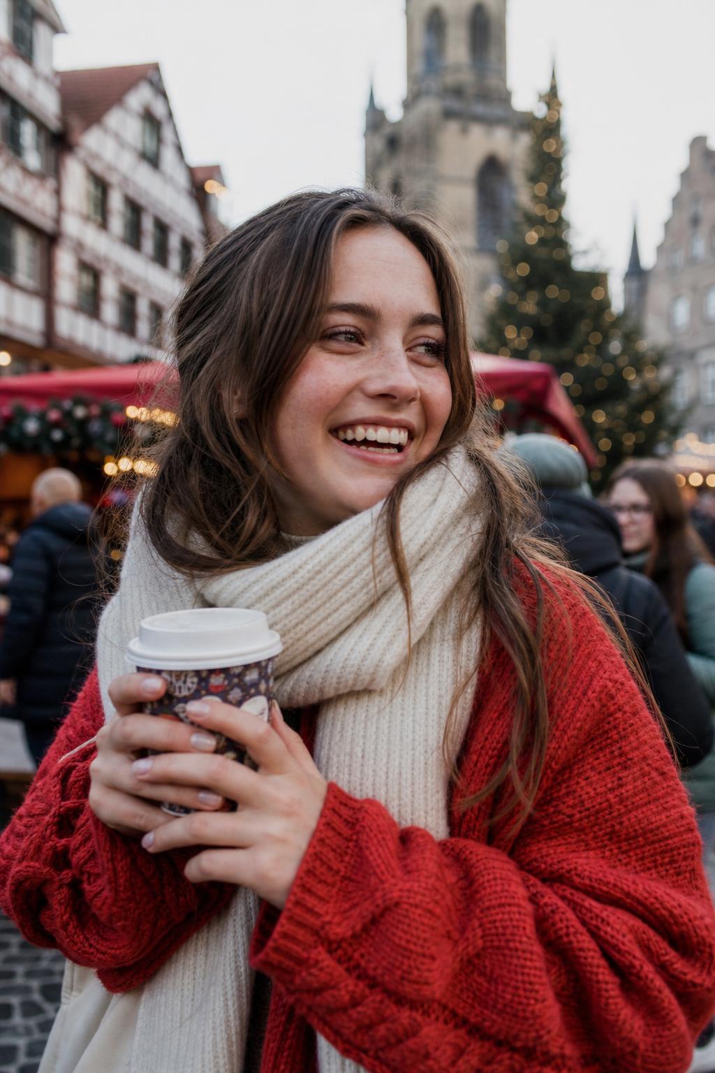 Red knit sweater and scarf — Christmas market
