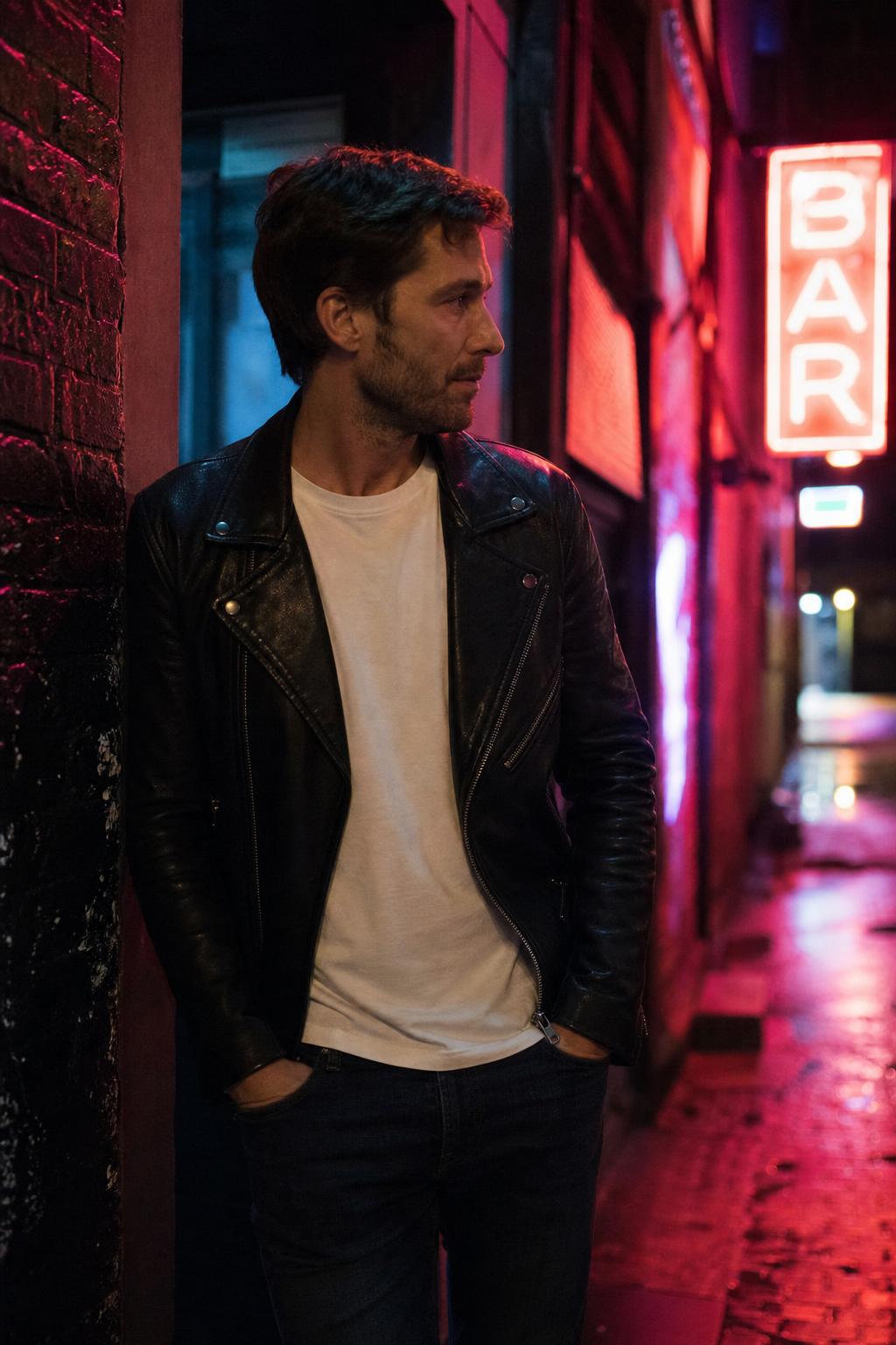 Black leather jacket — neon-lit alley