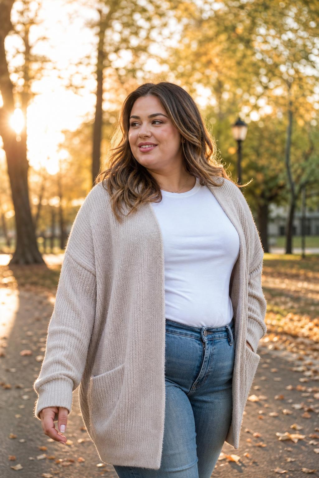 Plus-size cardigan — autumn park