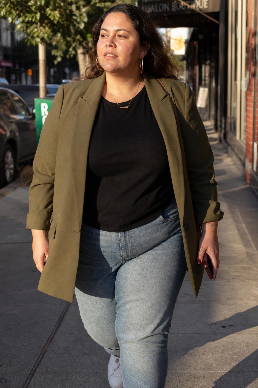 Plus-size olive blazer — urban street